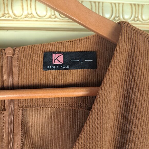 Kancy Kole Brown Corduroy Bib Overall Belted Midi Dress Size Lg - Picture 4 of 10